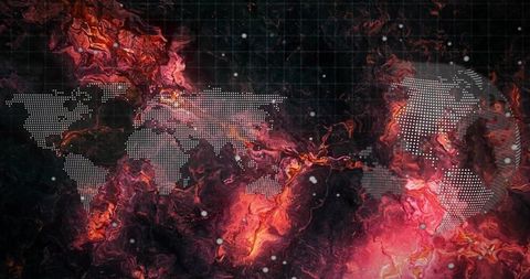 Dotted world map over neon marble background with grid and glowing data particles