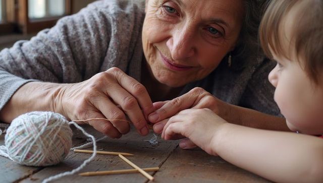 Grandmother teaching toddler knitting at wooden table with yarn and needles