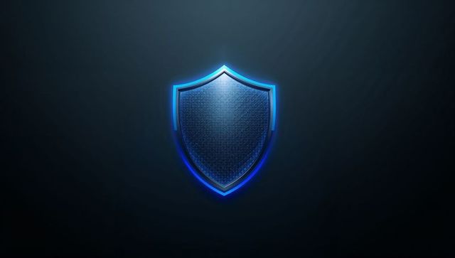 Glowing Blue Shield Emblem with Hexagonal Metal Texture, Neon Rim and Inner Bevel