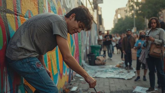 Street Artist Creating Colorful Mural in Urban Setting