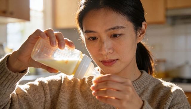 Young woman preparing baby bottle with formula in sunlit kitchen, caregiving moment