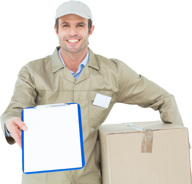 Happy Delivery Man with Clipboard Offering Service - Download Free Stock Videos Pikwizard.com