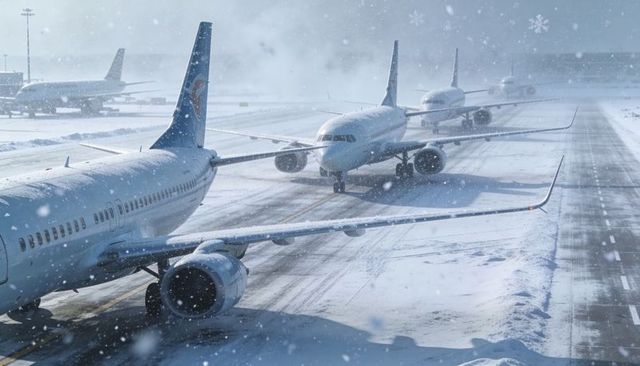 Narrow-body jets taxiing through heavy snow on snow-covered taxiway at winter airport
