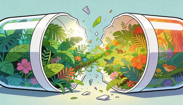 Bursting capsule revealing mini jungle with tropical plants, birds and biodiversity