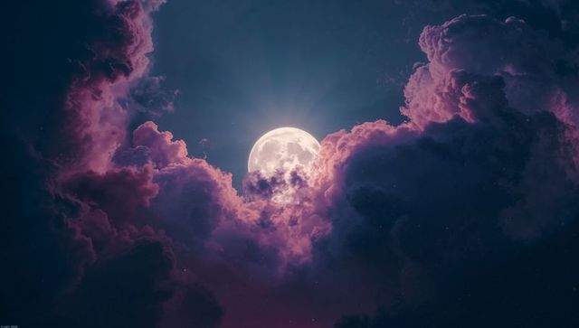 Full Moon Illuminating Vibrant Purple Night Sky with Clouds