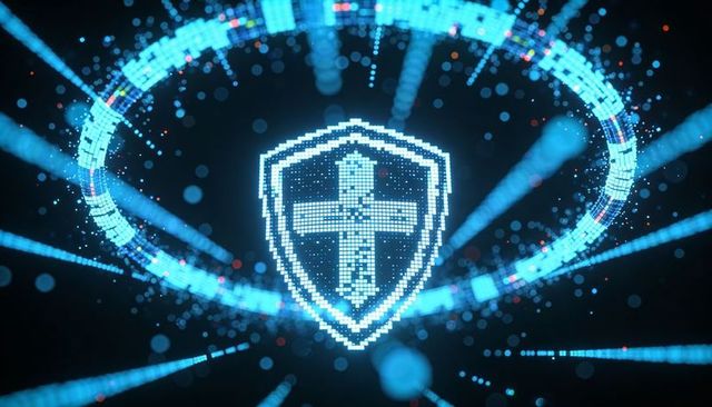 Cyber Shield Emblem Pulsing with Neon Sword inside Digital Particle Ring