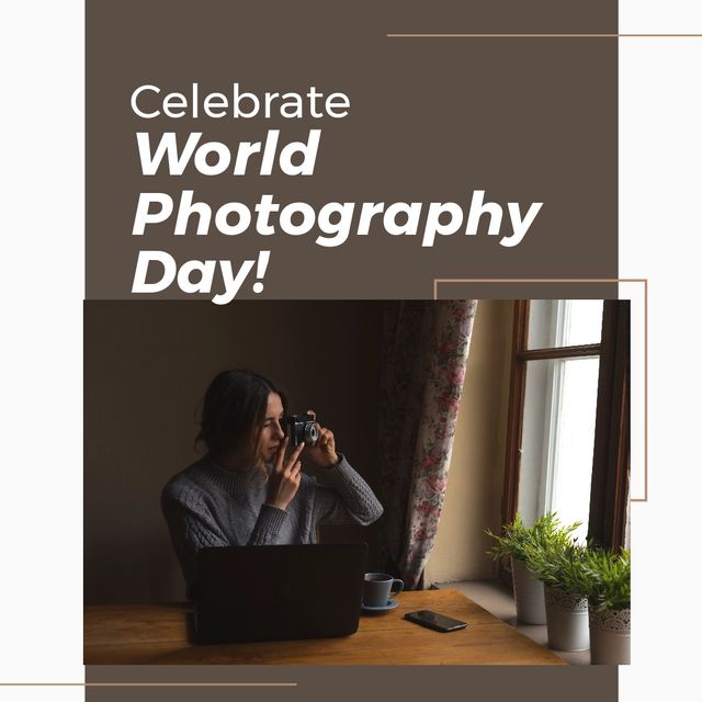 Image of celebrate world photography day over caucasisn woman with laptop taking photo with camera. Photography, creation and memories concept.