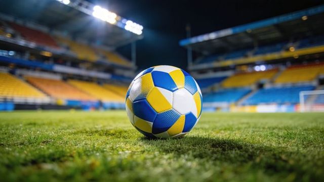 Blue yellow soccer ball resting on grass under stadium floodlights at night closeup