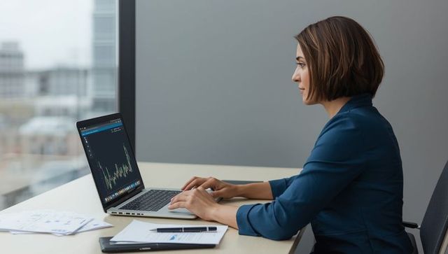 Businesswoman Analyzing Financial Chart on Laptop