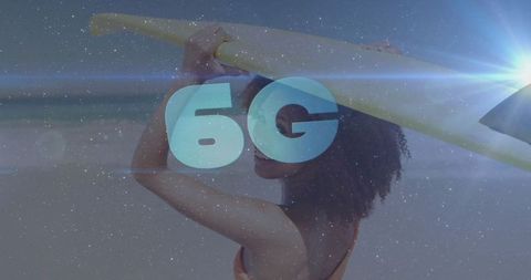 Young Surfer Holding Surfboard with 6G Network Overlay on Sunny Beach