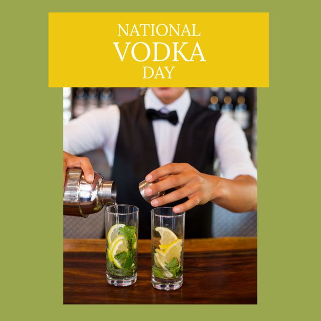 Image of national vodka day over midsection of caucasian male barman with drinks. Alcohol, drinks, beverage and party concept.