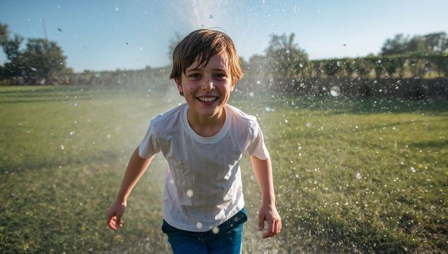 Preteen boy running through sprinkler on sunny lawn smiling, summer water play, water spray