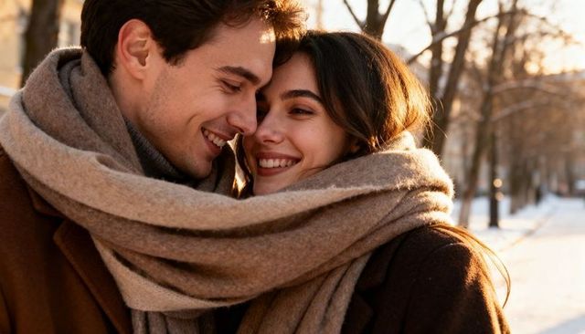 Young couple sharing scarf on snowy path at golden hour, cozy winter romance close-up
