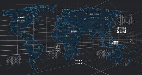 Global digital network dashboard visualizing geospatial data nodes and hex grid overlay