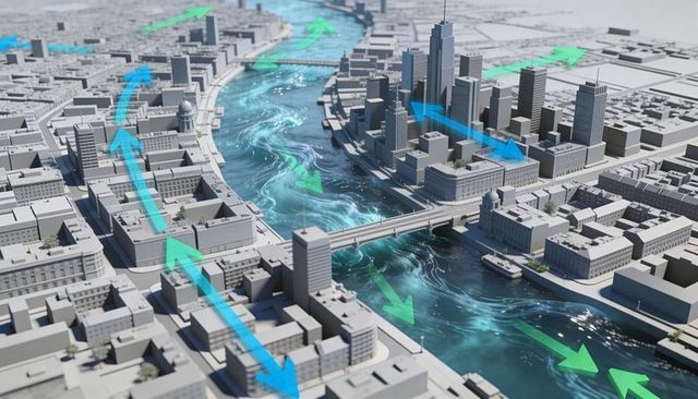 Urban river flow map with turquoise currents and directional arrows over grayscale city