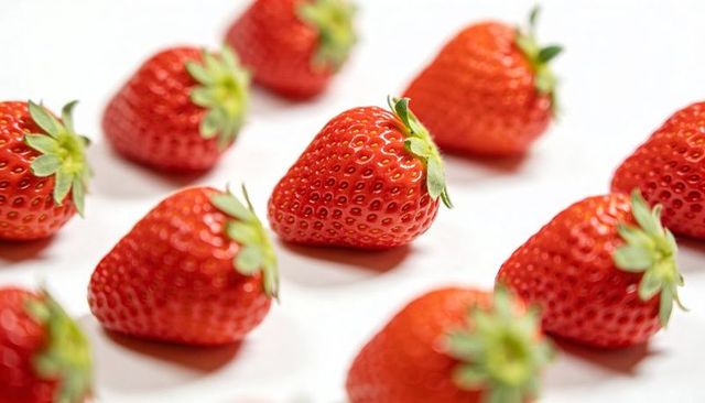Single ripe strawberry on white surface with glossy red skin and green calyx
