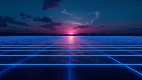 Neon grid sunset over reflective horizon - retro futurism synthwave scene with glow