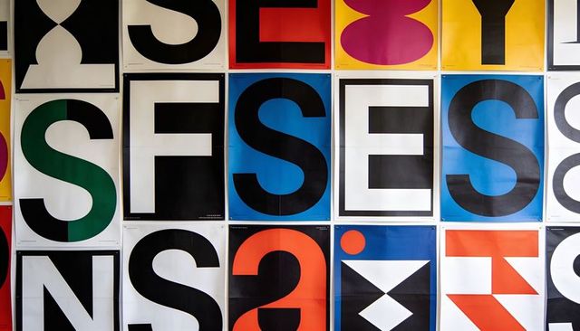 Geometric typography poster grid with oversized letters and vibrant colorblock layout
