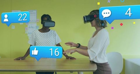 Women using vr headsets with social media overlays in collaborative workspace