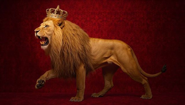 Majestic Roaring Lion with Golden Crown on Red Velvet Background