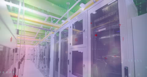 Binary Code Animation Superimposed on Modern Server Room