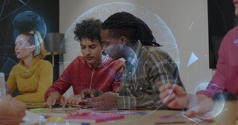 Diverse Team Collaborating on Innovative Project with Digital Globe Overlay