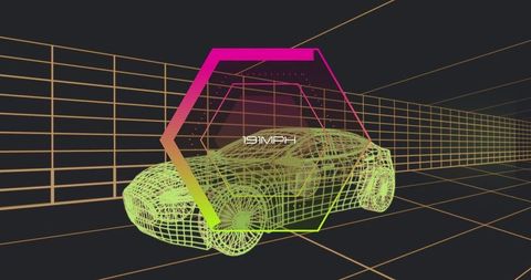 Futuristic wireframe sports car in high-tech digital chamber