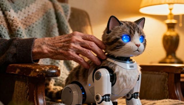 Senior hand stroking robotic cat companion with glowing blue eyes in warm living room