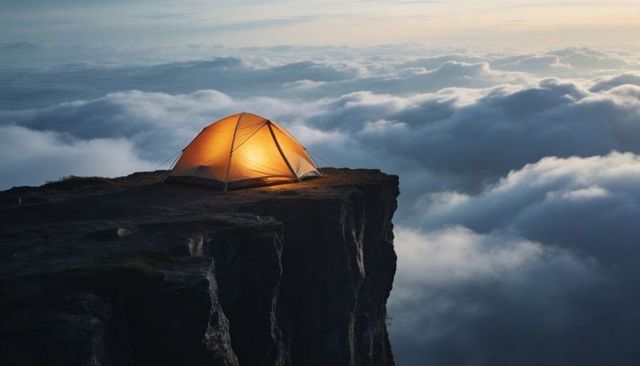 Glowing orange tent perching on cliff edge above sea of clouds at sunrise
