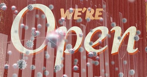 Business opening sign with virus illustrations overlay
