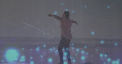 Senior Woman Enjoying Beach with Futuristic Digital Overlay