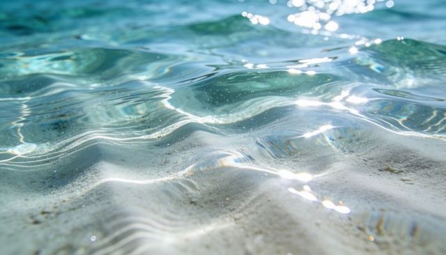 Glistening turquoise shallow sea revealing sand ripples and caustic light patterns