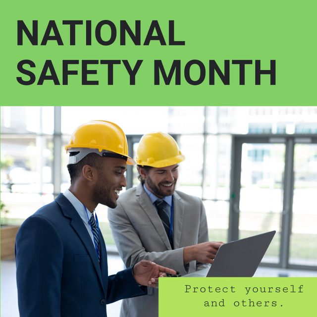 Composite of national safety month and multiracial male engineers discussing over laptop in office. Copy space, teamwork, text, technology, protect yourself and others, awareness and alertness.