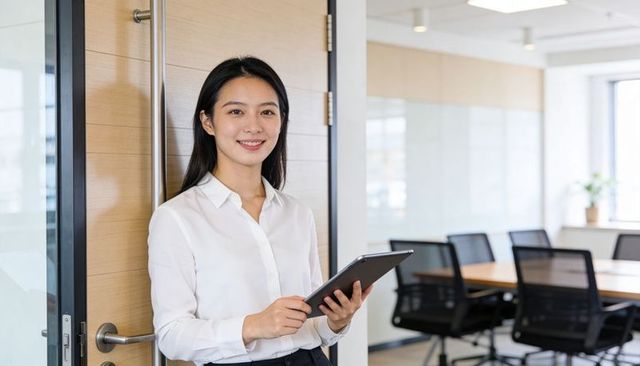 Asian businesswoman standing at meeting room door holding tablet smiling confident professional