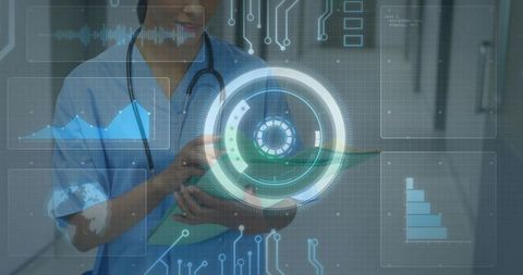 Clinician holding clipboard wearing stethoscope with futuristic medtech hud overlay