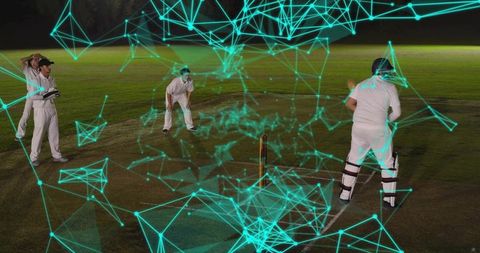 Night cricket players blending with holographic digital network overlay on grassy pitch