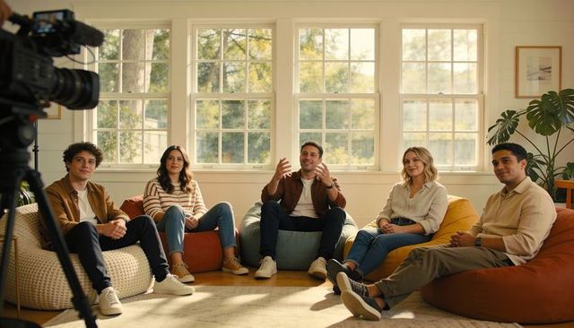 Hosting casual panel discussion in sunlit living room with five adults on beanbags