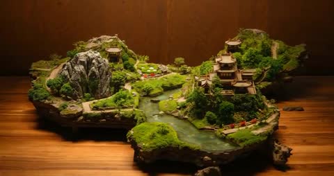 Intricate Miniature Landscape with Moss and Pagodas