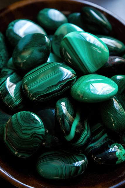 Beautiful collection of polished green malachite stones displayed on a wooden surface. Their vibrant swirls and bands of green make them perfect for use in jewelry design, crystal healing, and decoration. These high-quality gems appeal to both collectors and enthusiasts of natural minerals.