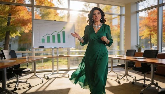 Executive woman presenting growth pitch in sunlit boardroom wearing emerald dress