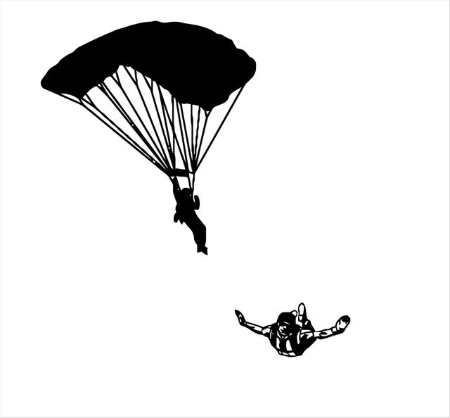 Black and white silhouette illustration shows a skydiver in freefall and another with parachute opened. Ideal for extreme sports, adventure posters, event marketing, or for illustrating articles and blogs related to skydiving and aeronautics.
