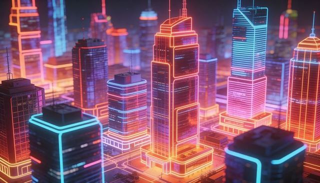 Neon outlined cyberpunk skyscraper cluster featuring central stepped tower and antennae
