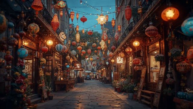 Warmly lit cobbled alley at dusk with vibrant paper lanterns