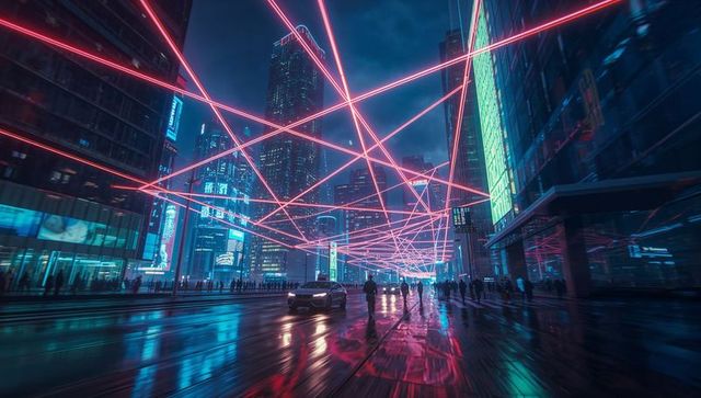 Futuristic neon grid over urban street at night
