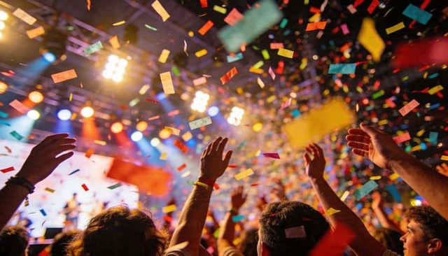 Crowd raising hands under confetti and colorful stage lights at live concert