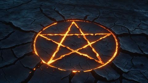 Glowing pentagram illuminating cracked rocky surface