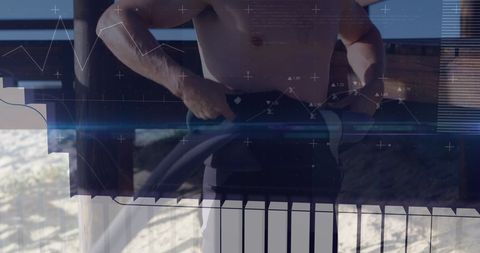 Digital Data Overlay on Surfer Preparing for Waves at Beach