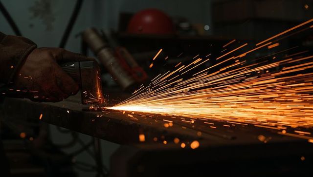 Worker grinding steel with angle grinder producing bright orange sparks in dim workshop