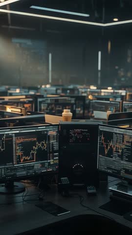 Vertical video panning trading monitors displaying live market charts and coffee cup on desk