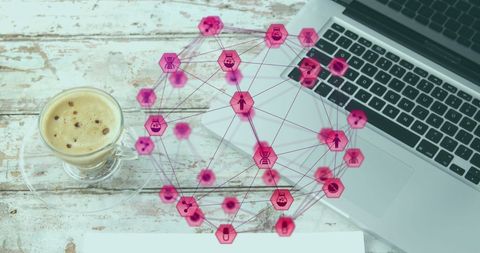 Digital Mesh Network with Coffee and Laptop on Rustic Table